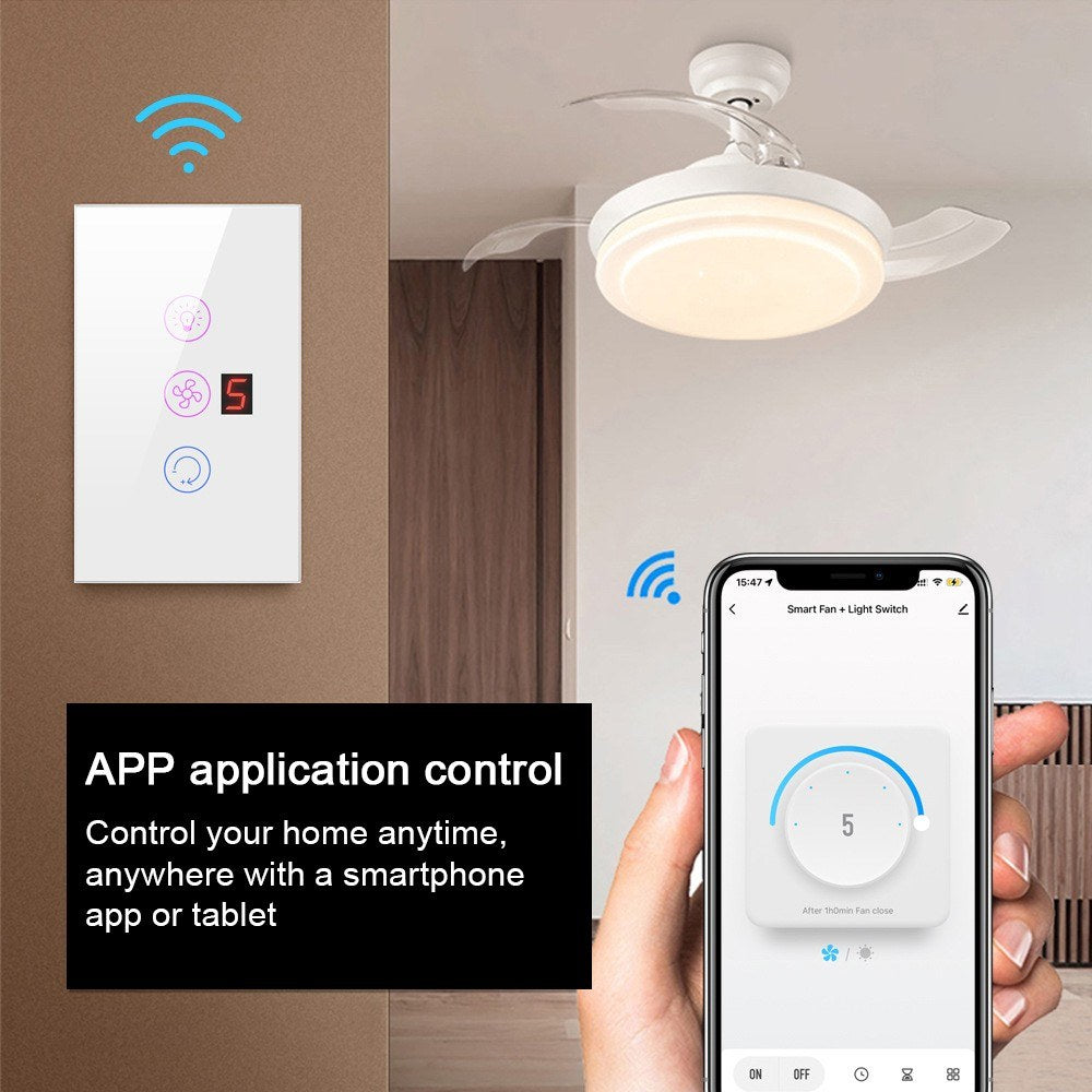 Tuya WiFi Smart Touchscreen Fan Light Switch, Speed Adjustable, Voice Control, Alexa & Google Home Compatible