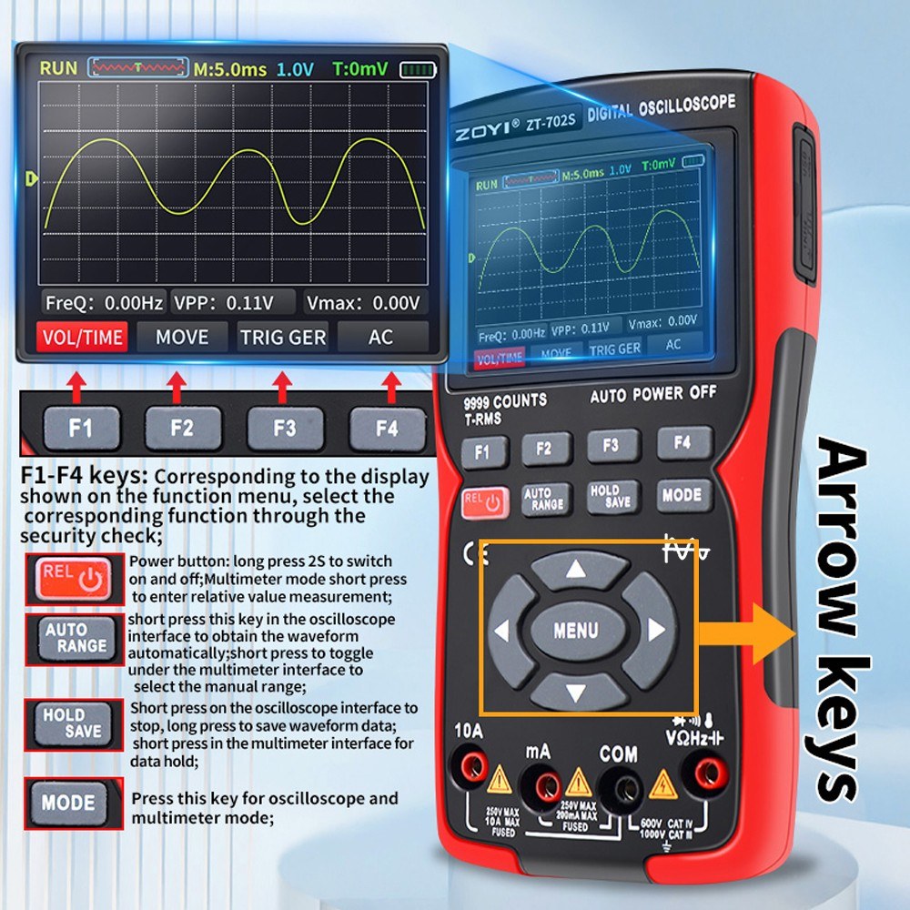 2-in-1 Digital Oscilloscope Multimeter, 10MHz Bandwidth, 48MSa/s Sampling Rate, 9999 Counts True RMS, 2.8-inch IPS Color Display