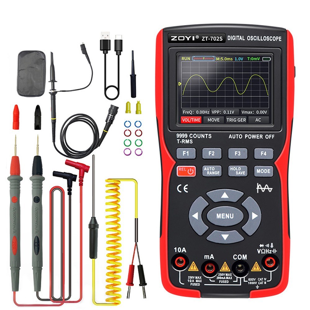 2-in-1 Digital Oscilloscope Multimeter, 10MHz Bandwidth, 48MSa/s Sampling Rate, 9999 Counts True RMS, 2.8-inch IPS Color Display