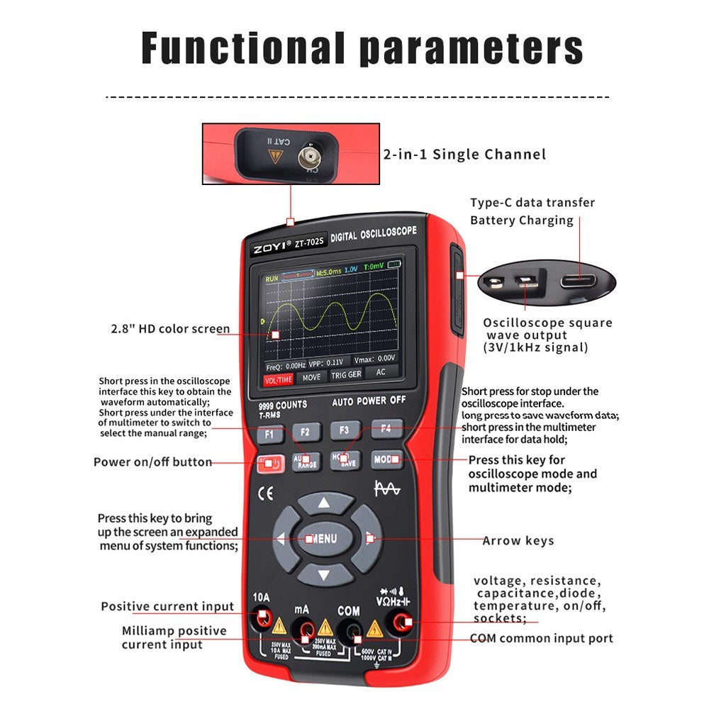2-in-1 Digital Oscilloscope Multimeter, 10MHz Bandwidth, 48MSa/s Sampling Rate, 9999 Counts True RMS, 2.8-inch IPS Color Display