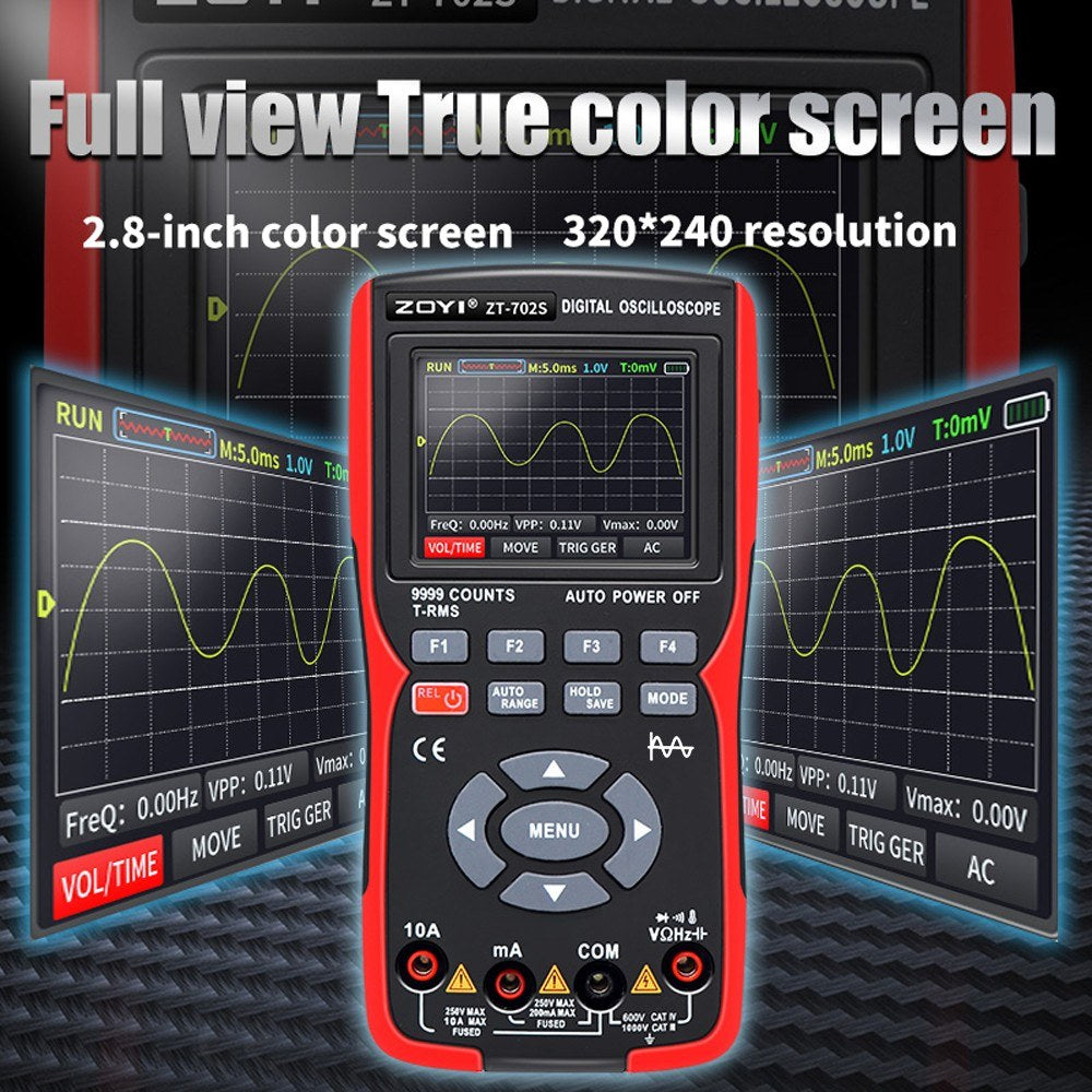 2-in-1 Digital Oscilloscope Multimeter, 10MHz Bandwidth, 48MSa/s Sampling Rate, 9999 Counts True RMS, 2.8-inch IPS Color Display