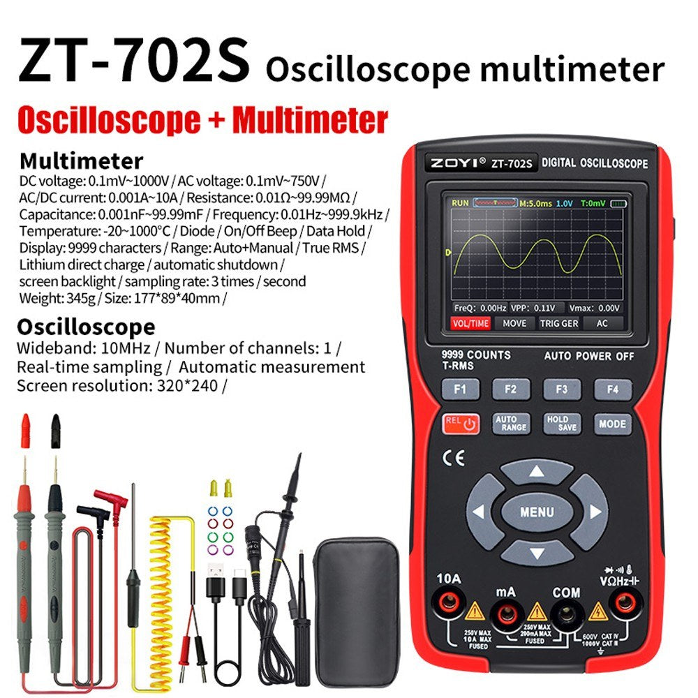 2-in-1 Digital Oscilloscope Multimeter, 10MHz Bandwidth, 48MSa/s Sampling Rate, 9999 Counts True RMS, 2.8-inch IPS Color Display