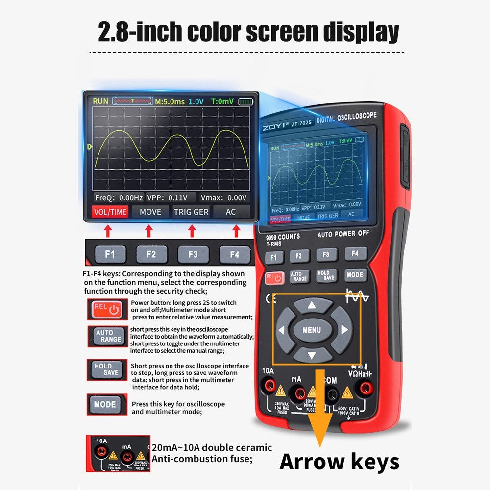2-in-1 Digital Oscilloscope Multimeter, 10MHz Bandwidth, 48MSa/s Sampling Rate, 9999 Counts True RMS, 2.8-inch IPS Color Display