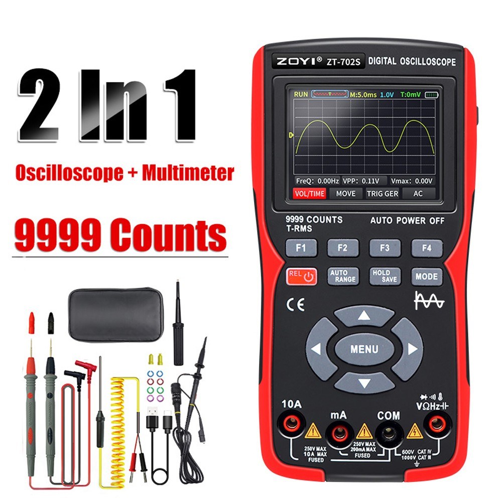2-in-1 Digital Oscilloscope Multimeter, 10MHz Bandwidth, 48MSa/s Sampling Rate, 9999 Counts True RMS, 2.8-inch IPS Color Display