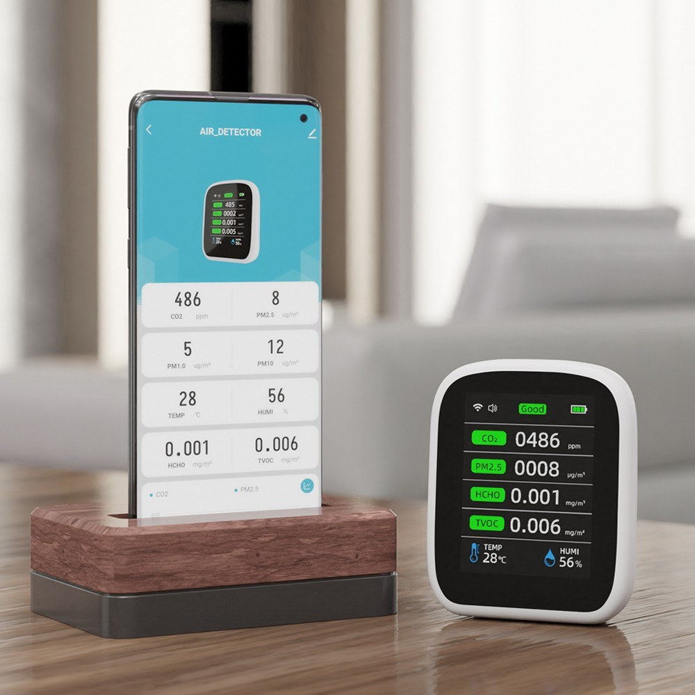 Tuya WiFi 8-in-1 Portable Air Quality Meter: PM1.0, PM2.5, PM10, CO2, TVOC, HCHO, Temperature & Humidity Tester with LCD Color Screen and Time/Date Display