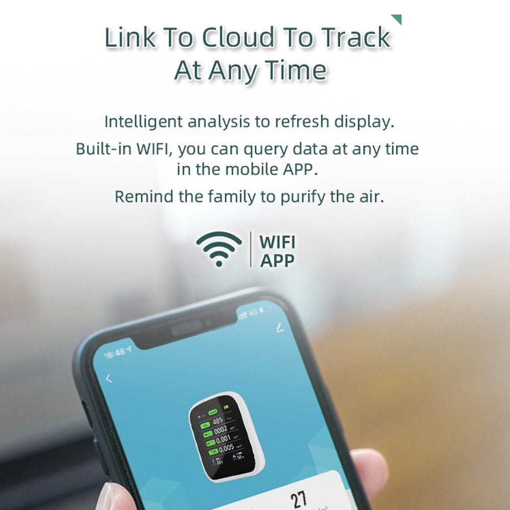 Tuya WiFi 8-in-1 Portable Air Quality Meter: PM1.0, PM2.5, PM10, CO2, TVOC, HCHO, Temperature & Humidity Tester with LCD Color Screen and Time/Date Display