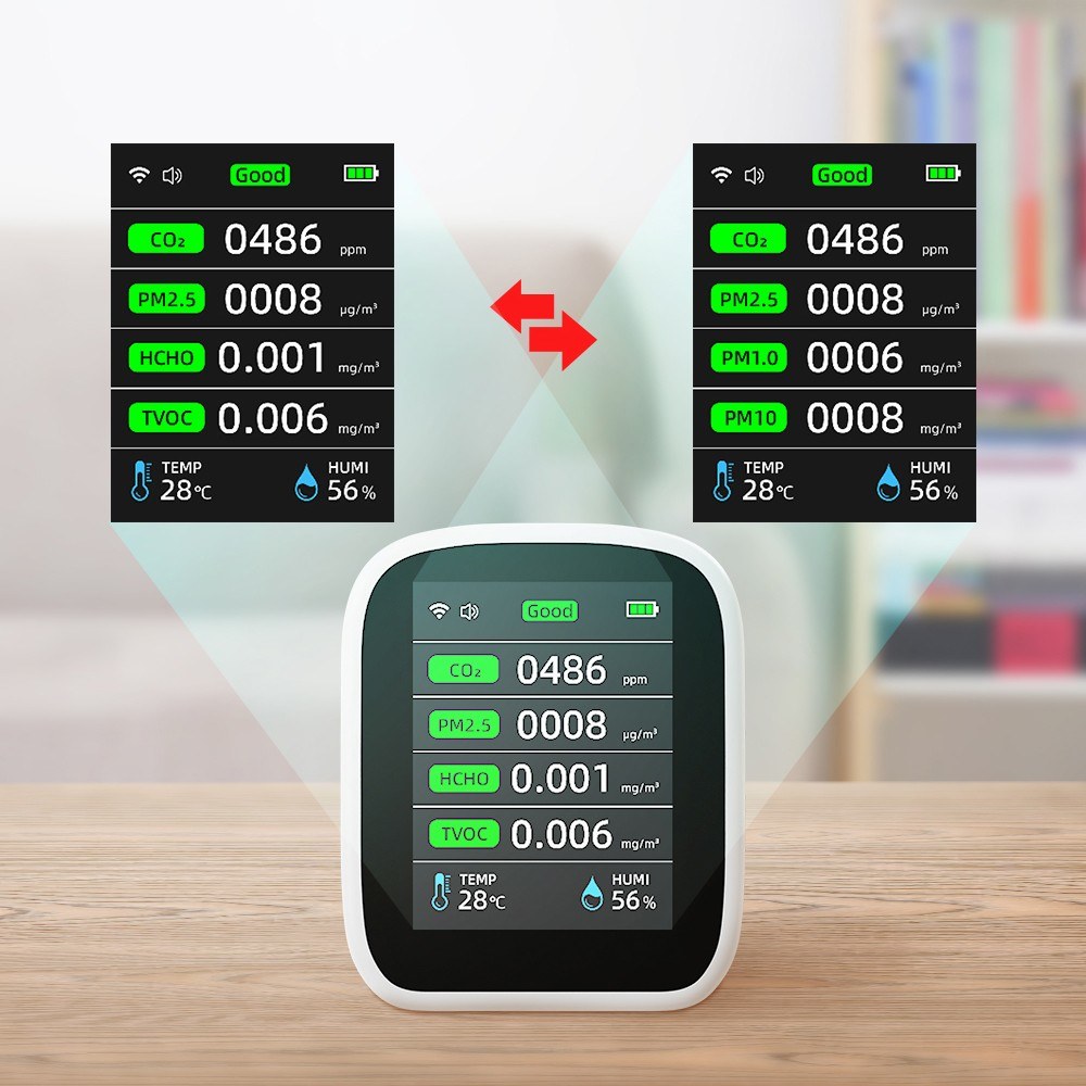 Tuya WiFi 8-in-1 Portable Air Quality Meter: PM1.0, PM2.5, PM10, CO2, TVOC, HCHO, Temperature & Humidity Tester with LCD Color Screen and Time/Date Display
