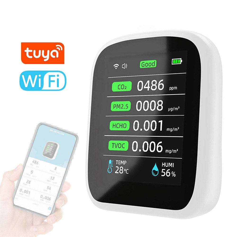 Tuya WiFi 8-in-1 Portable Air Quality Meter: PM1.0, PM2.5, PM10, CO2, TVOC, HCHO, Temperature & Humidity Tester with LCD Color Screen and Time/Date Display