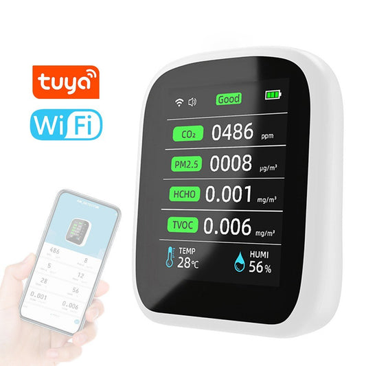 Tuya WiFi 8-in-1 Portable Air Quality Meter: PM1.0, PM2.5, PM10, CO2, TVOC, HCHO, Temperature & Humidity Tester with LCD Color Screen and Time/Date Display