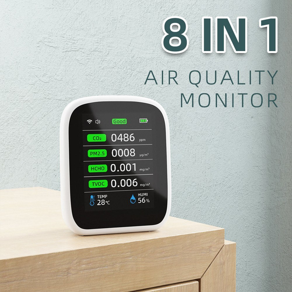 Tuya WiFi 8-in-1 Portable Air Quality Meter: PM1.0, PM2.5, PM10, CO2, TVOC, HCHO, Temperature & Humidity Tester with LCD Color Screen and Time/Date Display