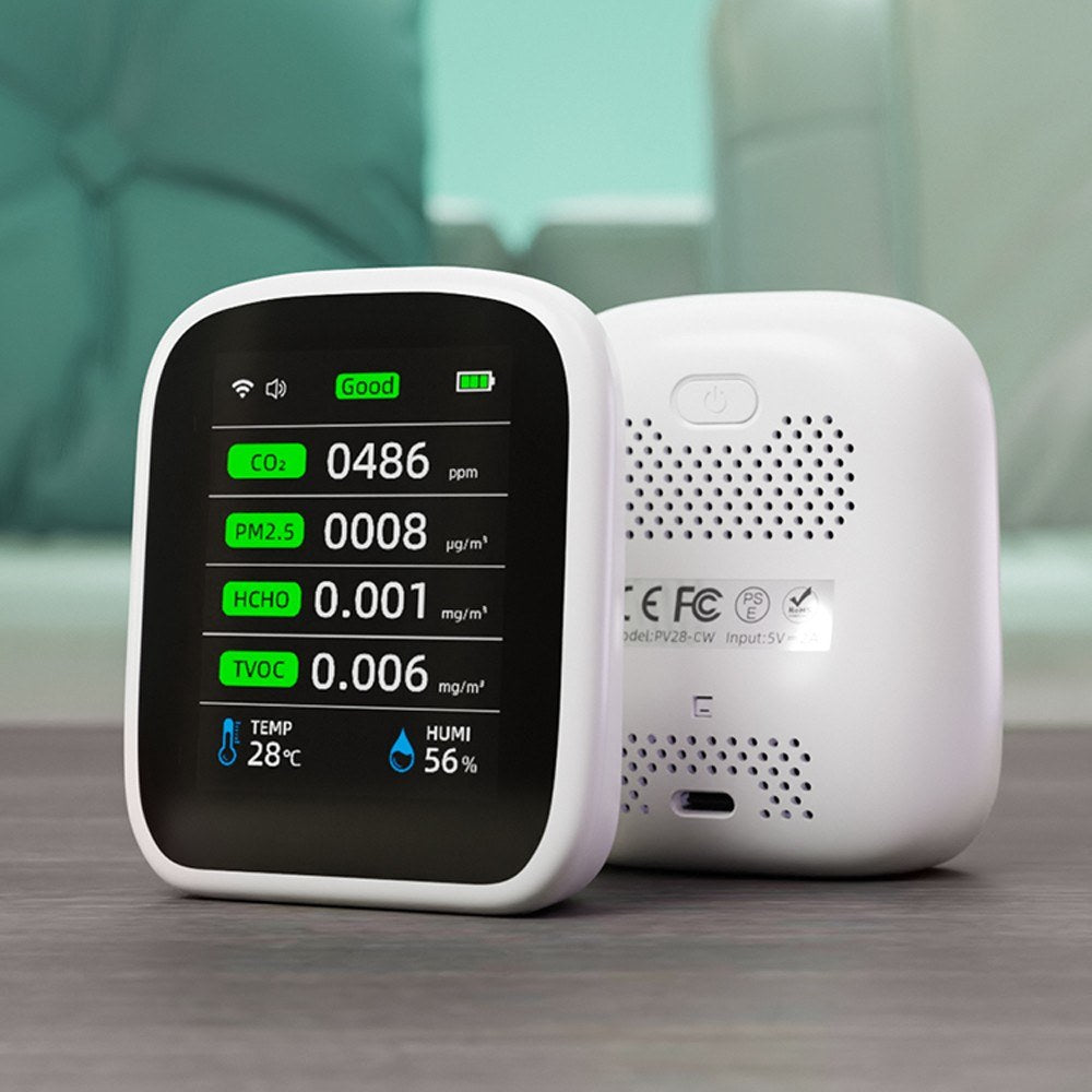 Tuya WiFi 8-in-1 Portable Air Quality Meter: PM1.0, PM2.5, PM10, CO2, TVOC, HCHO, Temperature & Humidity Tester with LCD Color Screen and Time/Date Display