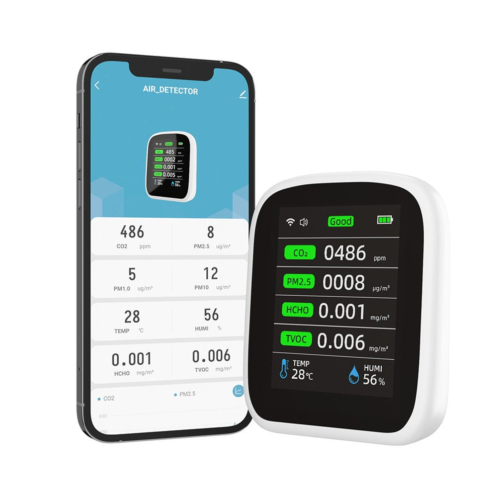 Tuya WiFi 8-in-1 Portable Air Quality Meter: PM1.0, PM2.5, PM10, CO2, TVOC, HCHO, Temperature & Humidity Tester with LCD Color Screen and Time/Date Display
