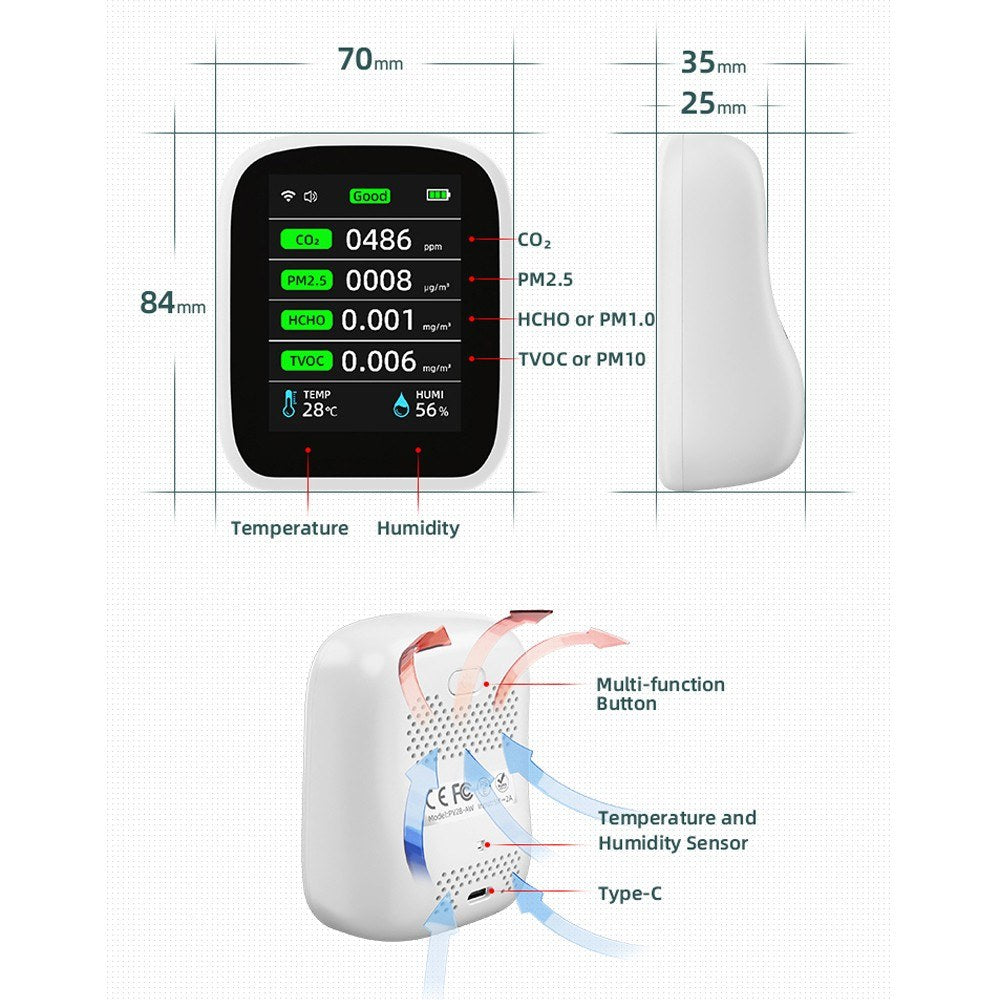 Tuya WiFi 8-in-1 Portable Air Quality Meter: PM1.0, PM2.5, PM10, CO2, TVOC, HCHO, Temperature & Humidity Tester with LCD Color Screen and Time/Date Display