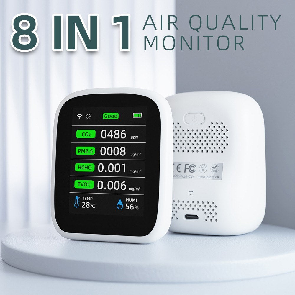 Tuya WiFi 8-in-1 Portable Air Quality Meter: PM1.0, PM2.5, PM10, CO2, TVOC, HCHO, Temperature & Humidity Tester with LCD Color Screen and Time/Date Display