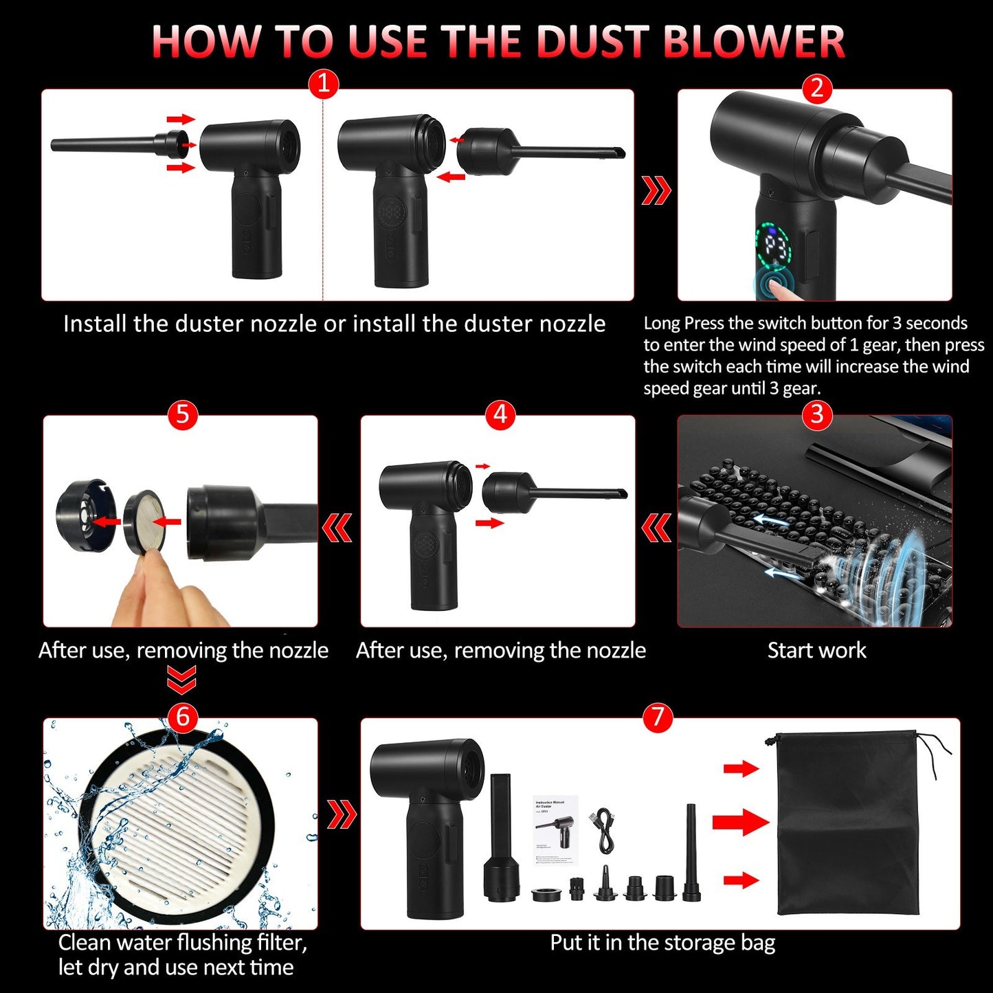 Digital Screen Electric Air Duster - 100W, 7500mAh Brush Motor Cleaner for Computers & Cars