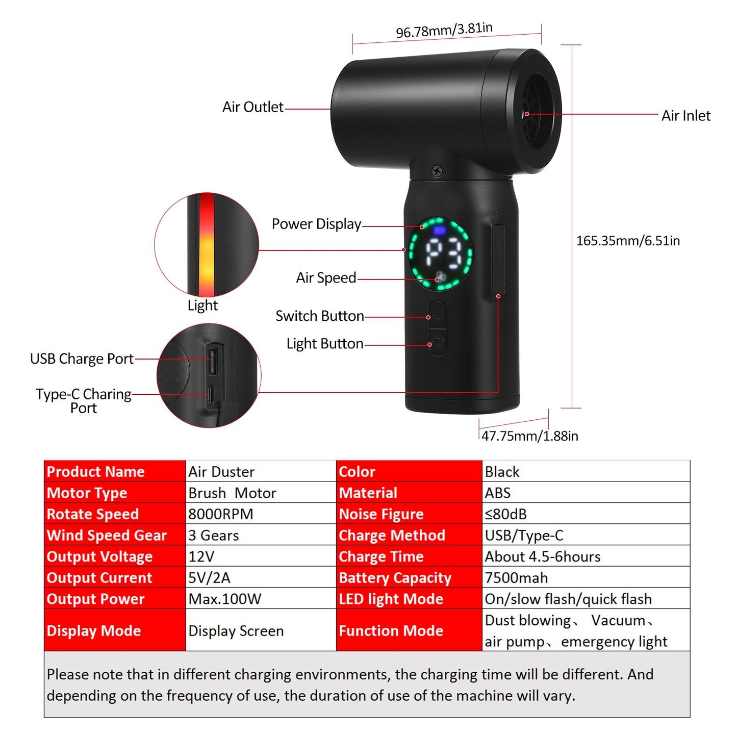 Digital Screen Electric Air Duster - 100W, 7500mAh Brush Motor Cleaner for Computers & Cars