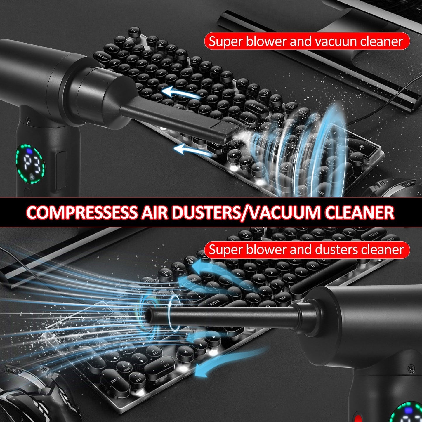 Digital Screen Electric Air Duster - 100W, 7500mAh Brush Motor Cleaner for Computers & Cars