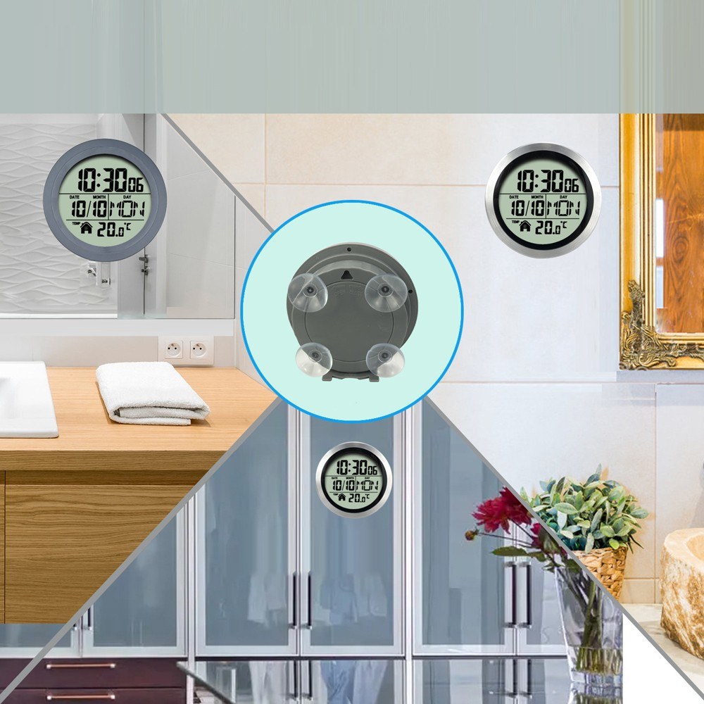 Waterproof LCD Suction Cup Clock with Temperature Display for Bathroom & Kitchen
