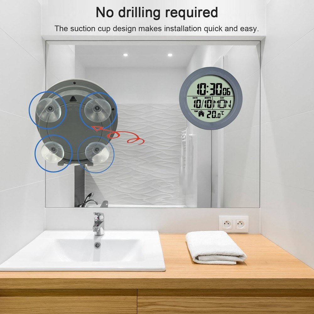 Waterproof LCD Suction Cup Clock with Temperature Display for Bathroom & Kitchen