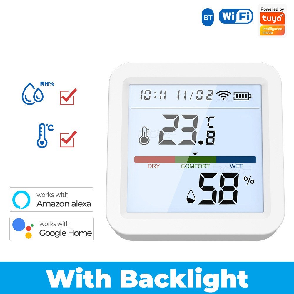 Smart WiFi Bluetooth Temperature Humidity Monitor with LCD Backlight