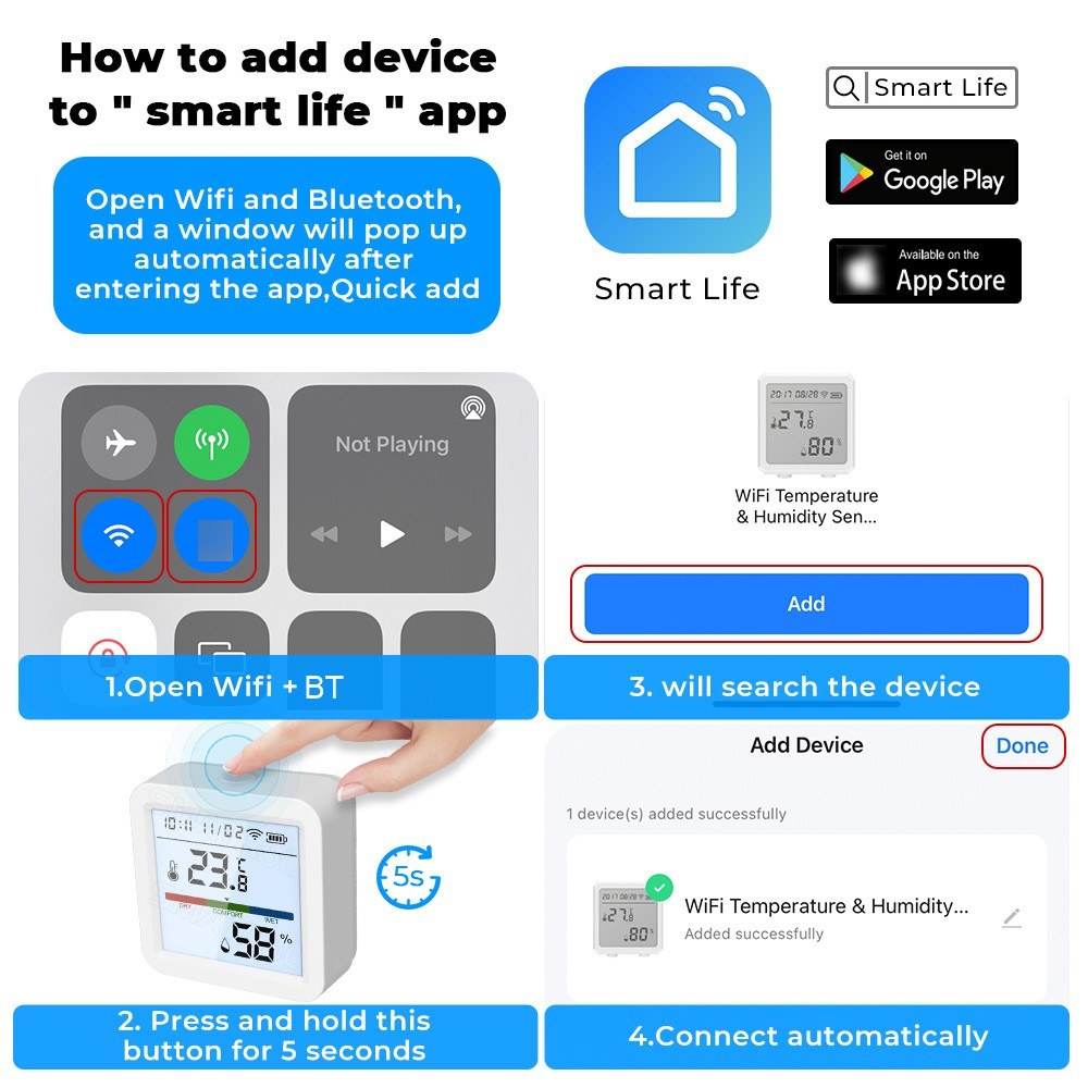 Smart WiFi Bluetooth Temperature Humidity Monitor with LCD Backlight