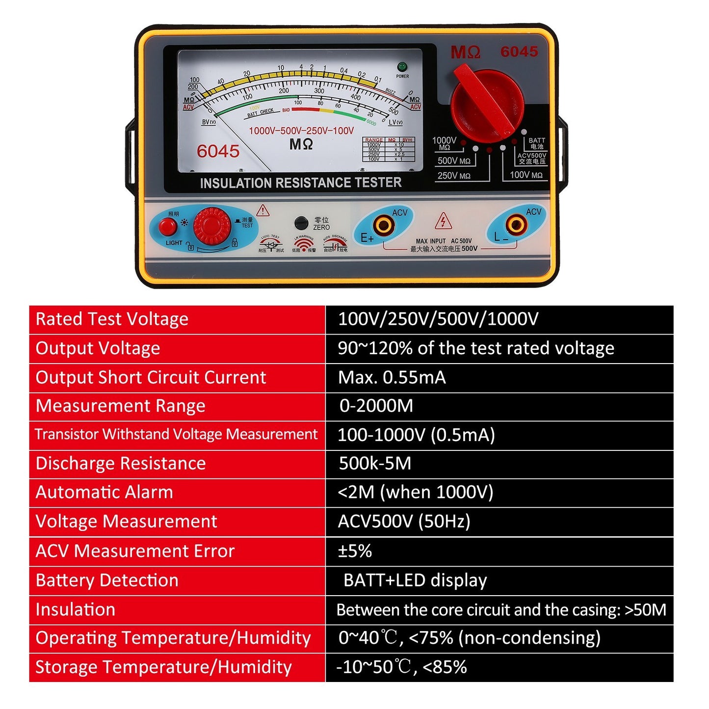 High Accuracy Digital Insulation Resistance Meter 0-2000MΩ Megohmmeter 100V-1000V Handheld Tester