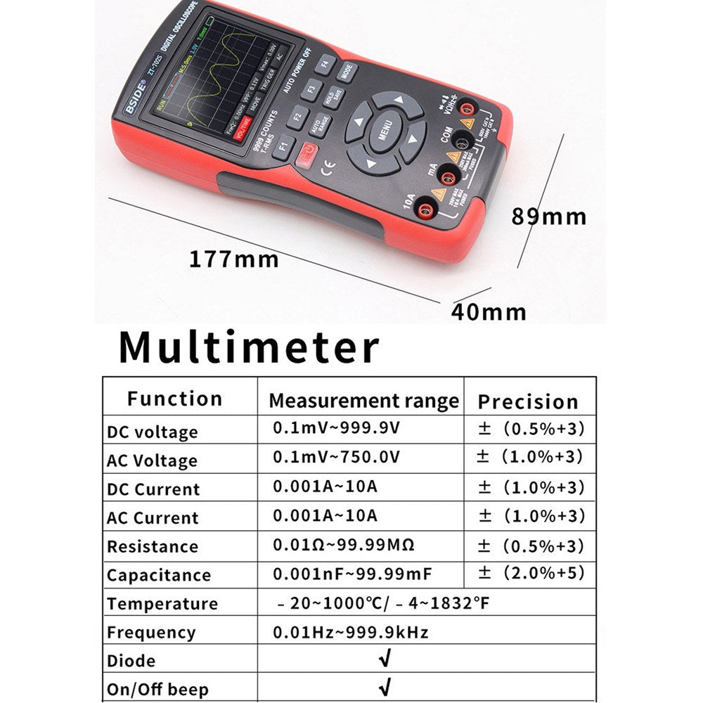 2-in-1 Digital Oscilloscope Multimeter, 2.8 IPS Display, 48MSa/s, 10MHz, True RMS, 9999 Counts