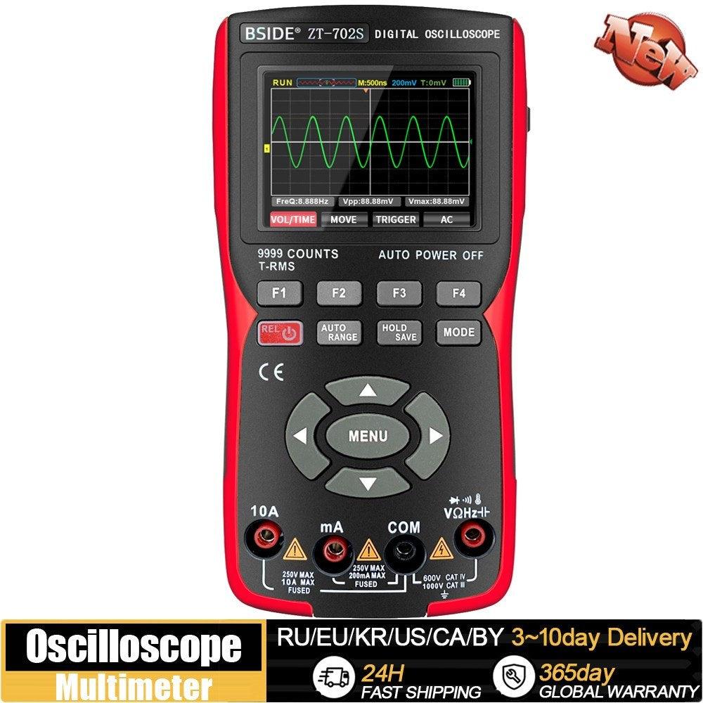 2-in-1 Digital Oscilloscope Multimeter, 2.8 IPS Display, 48MSa/s, 10MHz, True RMS, 9999 Counts