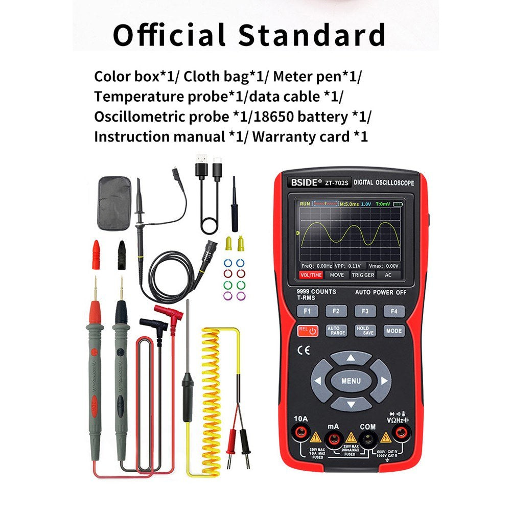 2-in-1 Digital Oscilloscope Multimeter, 2.8 IPS Display, 48MSa/s, 10MHz, True RMS, 9999 Counts