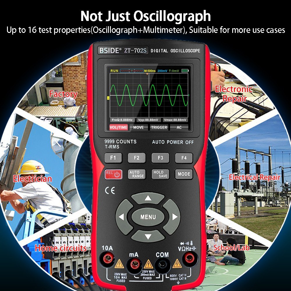 2-in-1 Digital Oscilloscope Multimeter, 2.8 IPS Display, 48MSa/s, 10MHz, True RMS, 9999 Counts