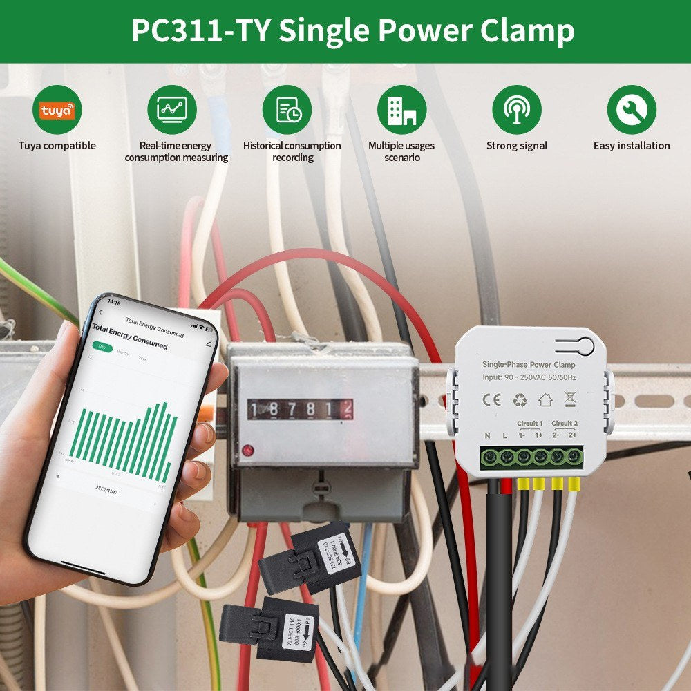 Tuya WiFi 80A Single-Phase Energy Monitor with Dual CT Clamp Smart Power Meter | 0.2–80A | AC 100–240V | DIN Rail Installation