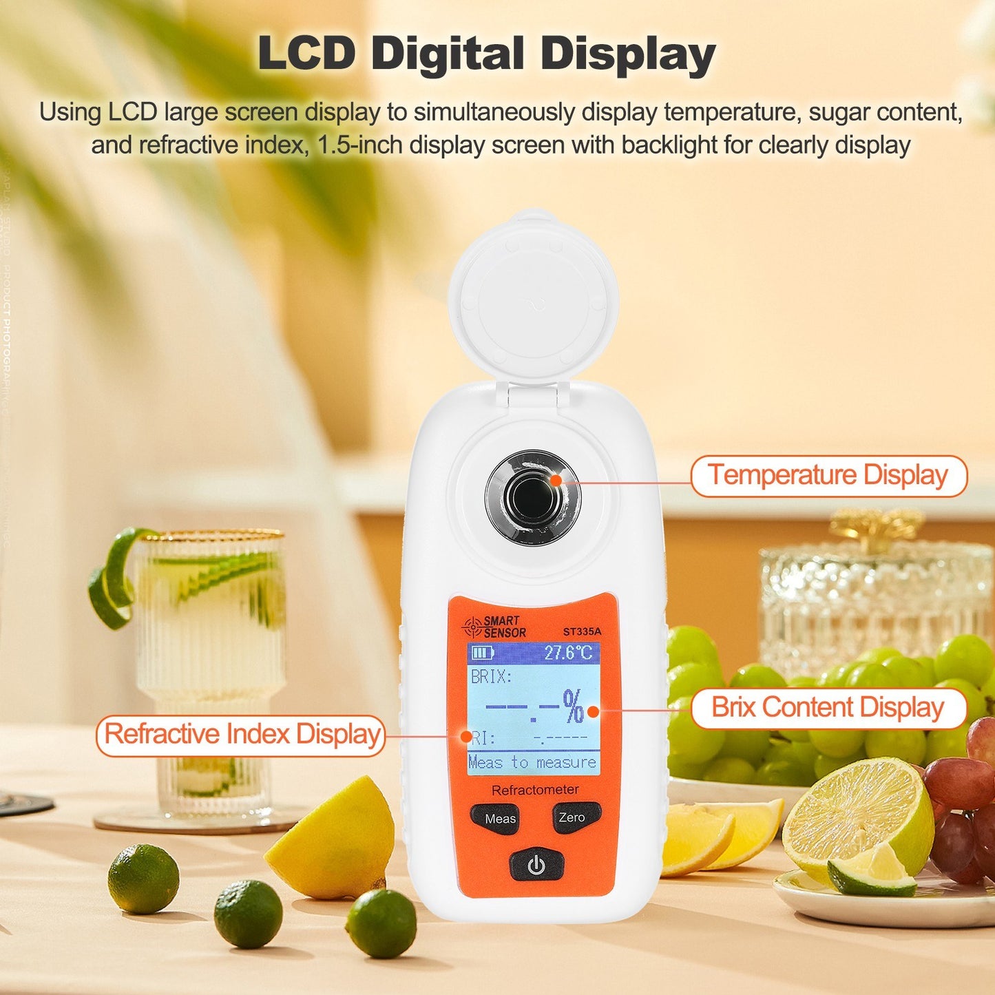 Portable SMART SENSOR ST335A Digital Honey Refractometer with ATC, LCD Display, 0-35% Brix Scale, Sugar Concentration Tester