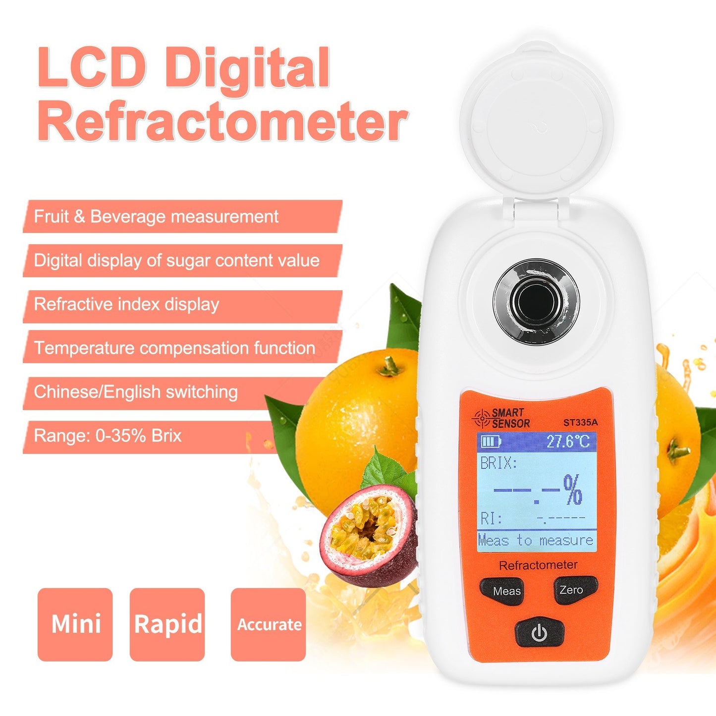 Portable SMART SENSOR ST335A Digital Honey Refractometer with ATC, LCD Display, 0-35% Brix Scale, Sugar Concentration Tester
