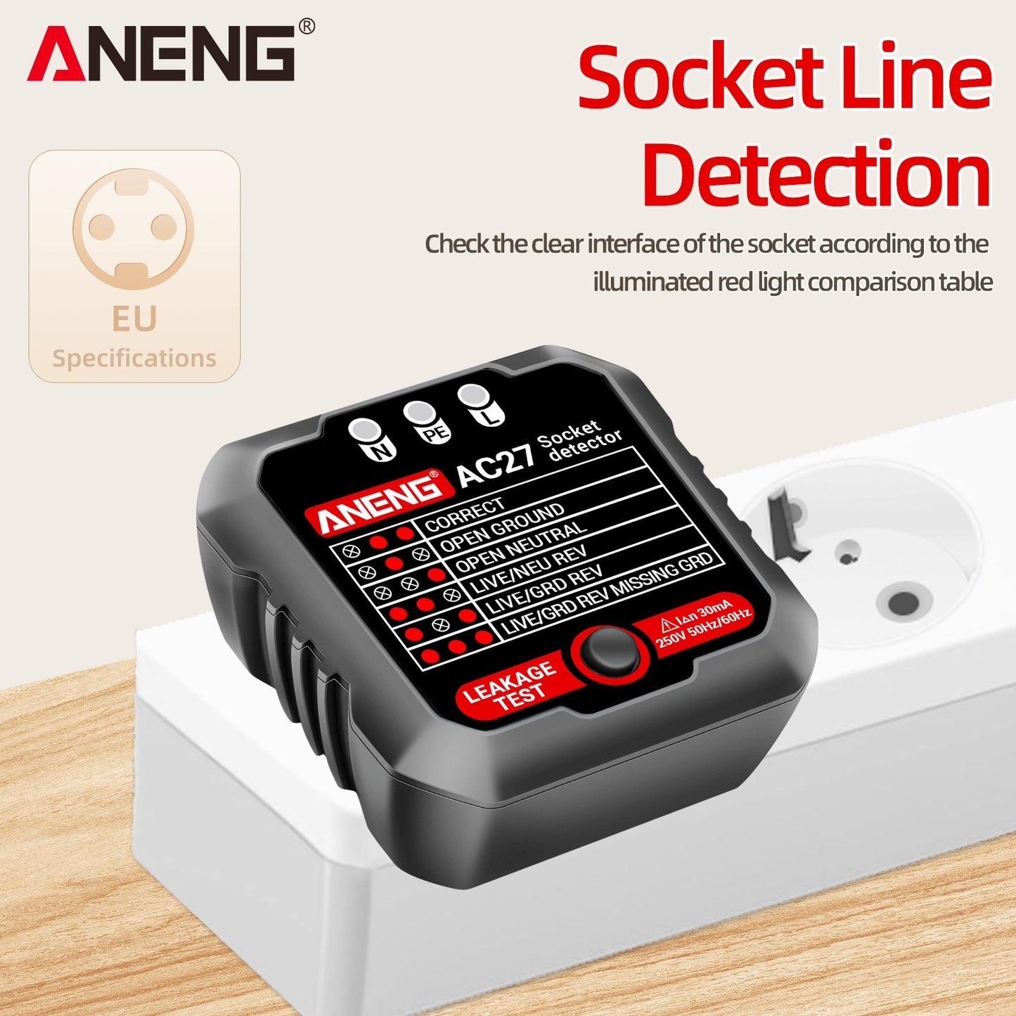 ANENG 250V Outlet Tester & Socket Detector with Leakage, Polarity, Ground Line & Voltage Detection