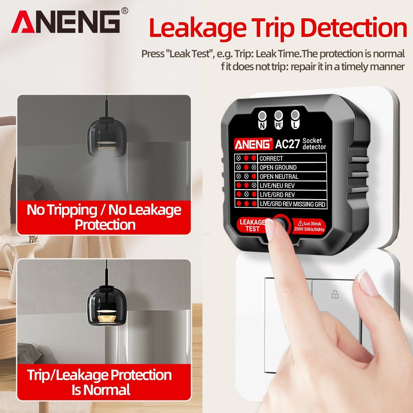 ANENG 250V Outlet Tester & Socket Detector with Leakage, Polarity, Ground Line & Voltage Detection
