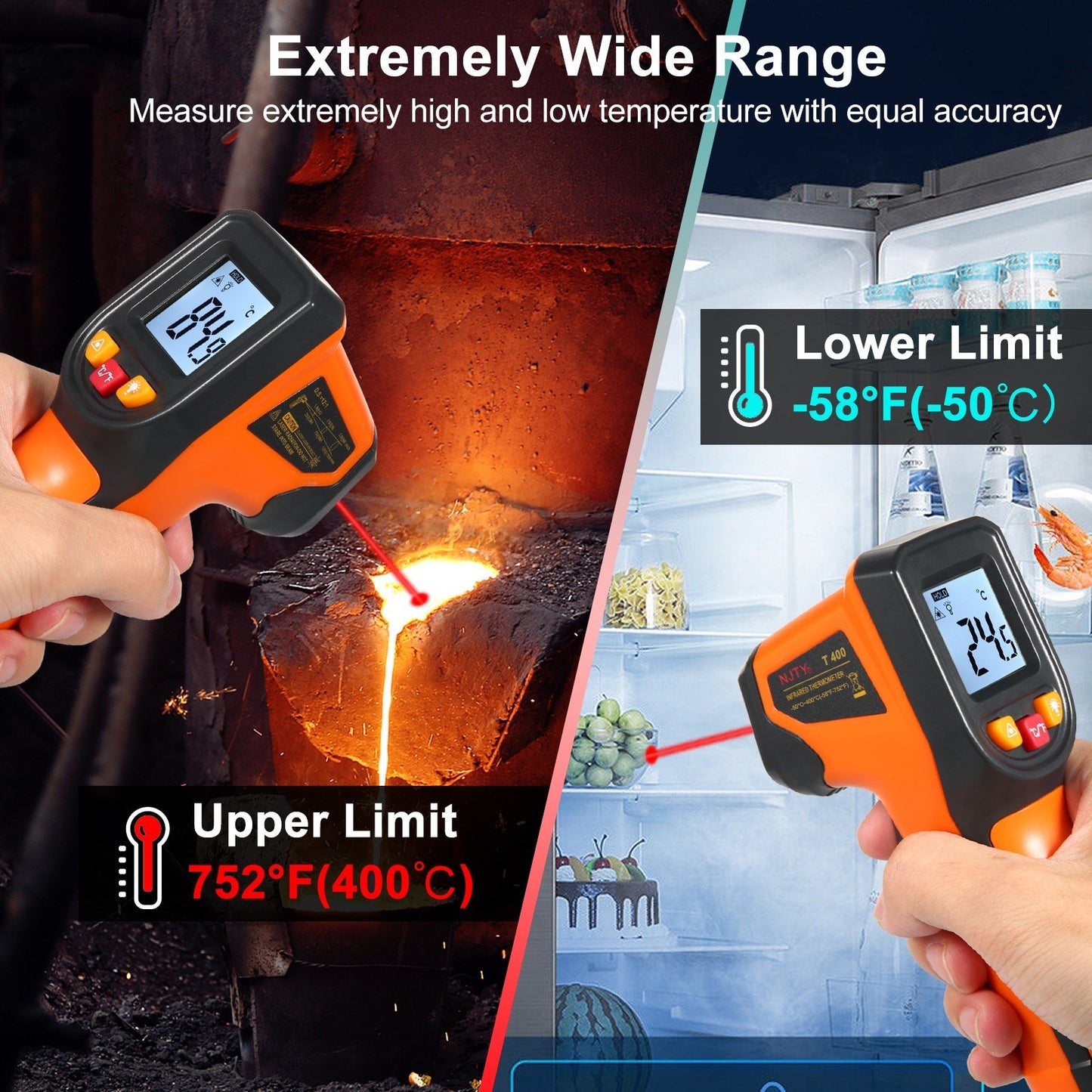 NJTY Infrared Thermometer Non-Contact Digital Gun, -50°C to 400°C (-58°F to 752°F), Ideal for Industrial, Kitchen, Automotive Use