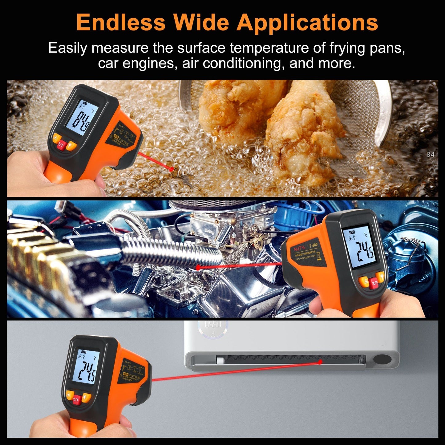 NJTY Infrared Thermometer Non-Contact Digital Gun, -50°C to 400°C (-58°F to 752°F), Ideal for Industrial, Kitchen, Automotive Use