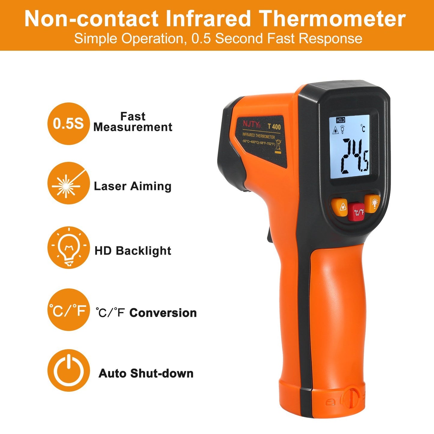 NJTY Infrared Thermometer Non-Contact Digital Gun, -50°C to 400°C (-58°F to 752°F), Ideal for Industrial, Kitchen, Automotive Use
