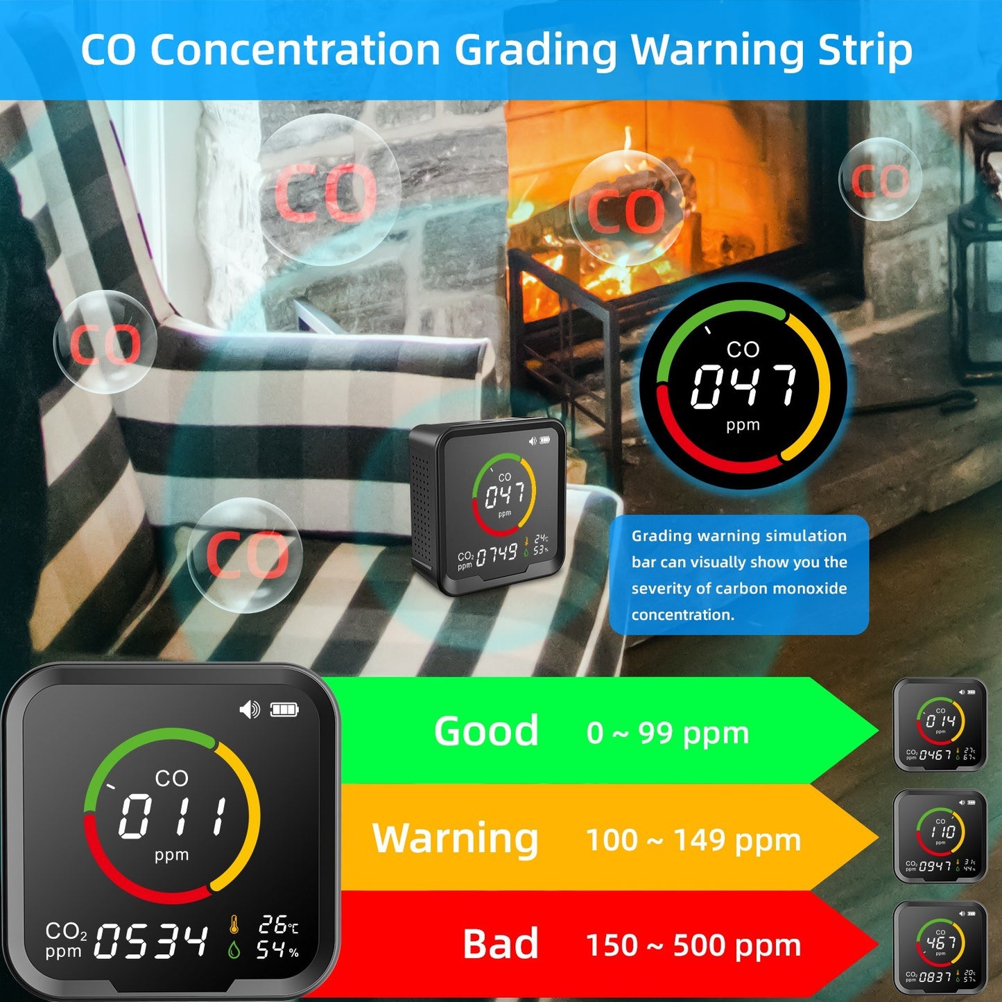 Smart WiFi CO & CO2 Detector: Portable Air Quality Monitor with Temperature & Humidity Sensor