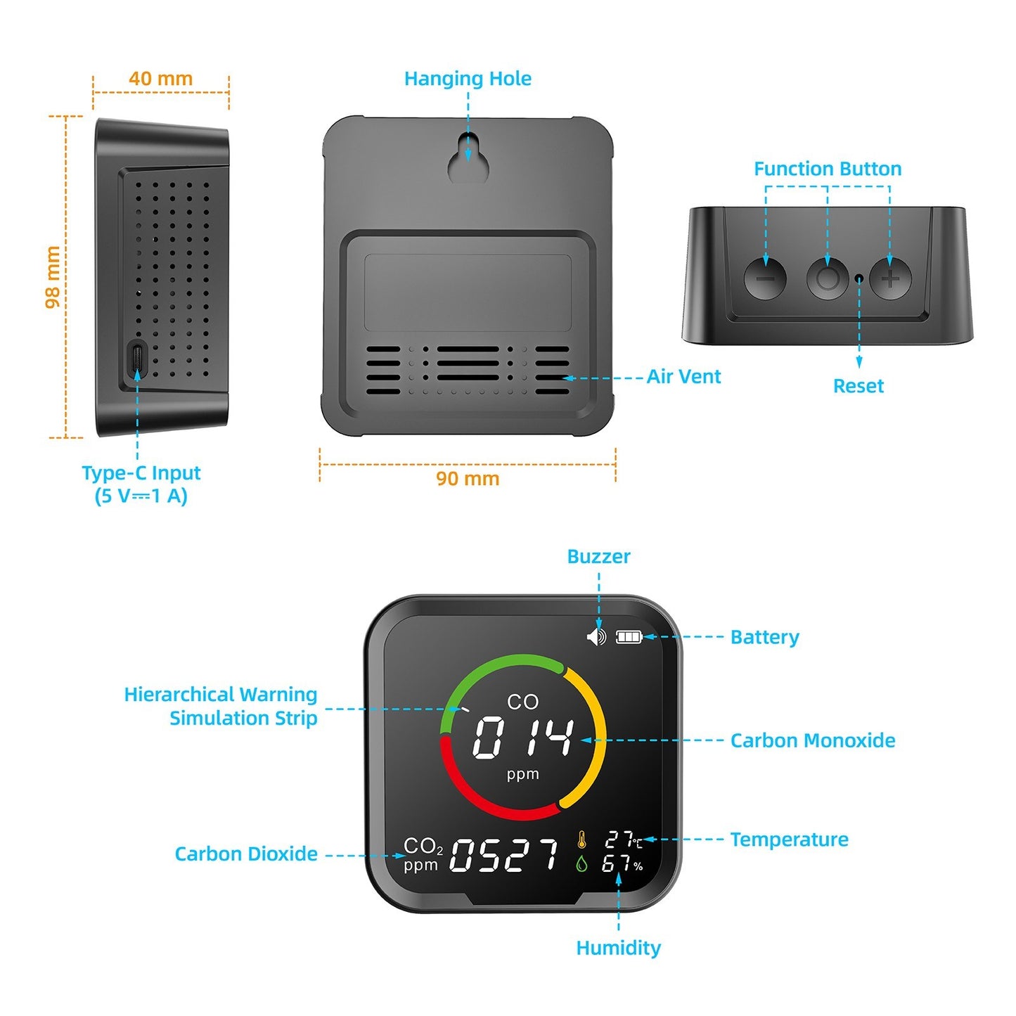 Smart WiFi CO & CO2 Detector: Portable Air Quality Monitor with Temperature & Humidity Sensor