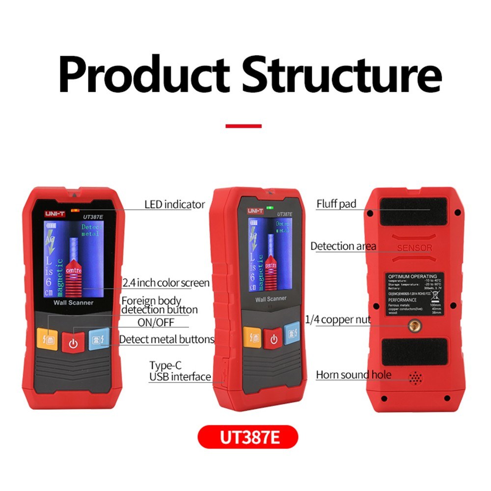 UNI-T UT387LM Metal Detector with Wall and Ranging Functions for Steel Wire and Water Pipe Detection