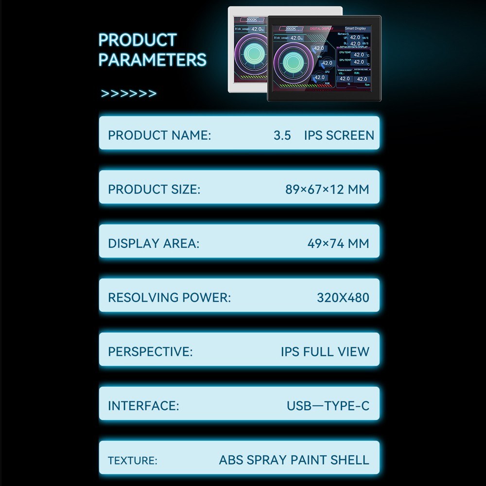 3.5 Inch IPS Display Monitor for CPU/GPU Monitoring with DIY Theme Editing and Free Software Upgrades, ABS Housing