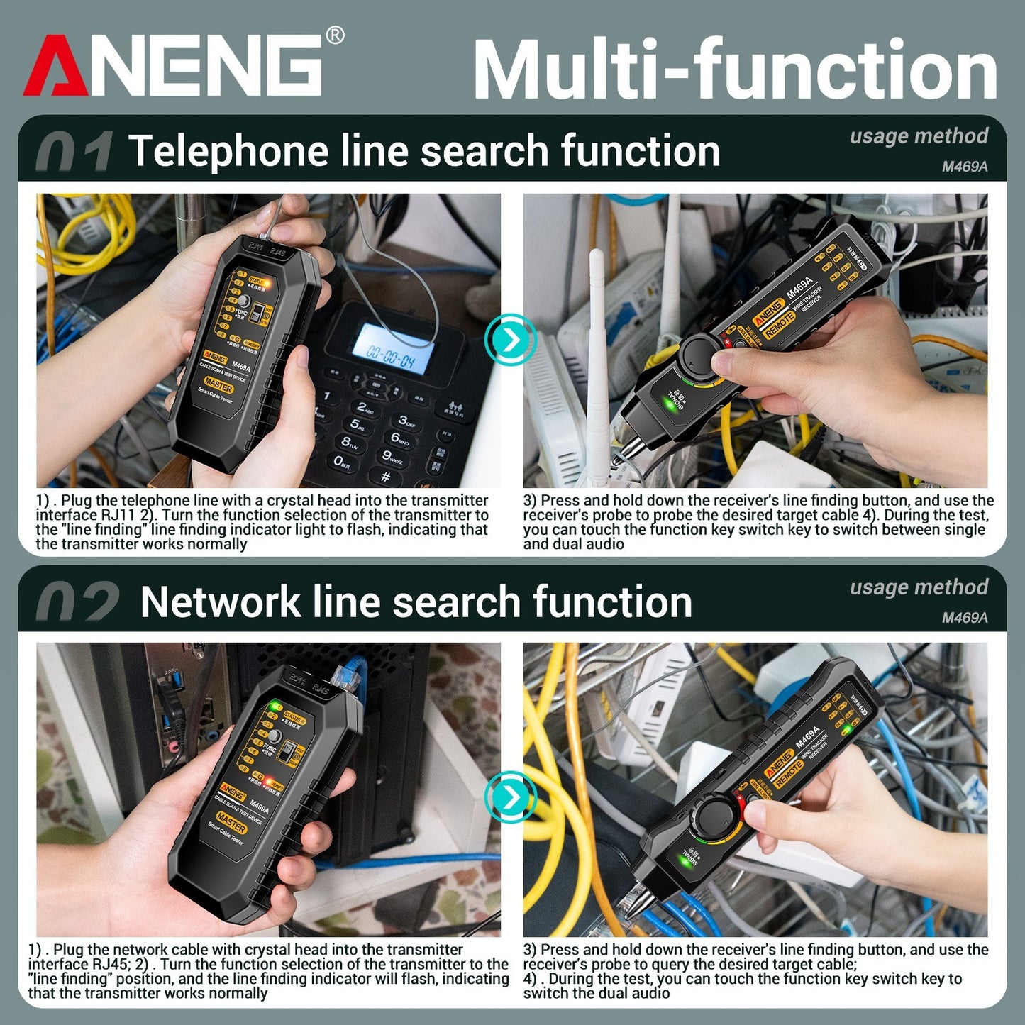 ANENG M469A Multifunctional Network Cable Finder with Anti-Interference Testing and Break Point Detection