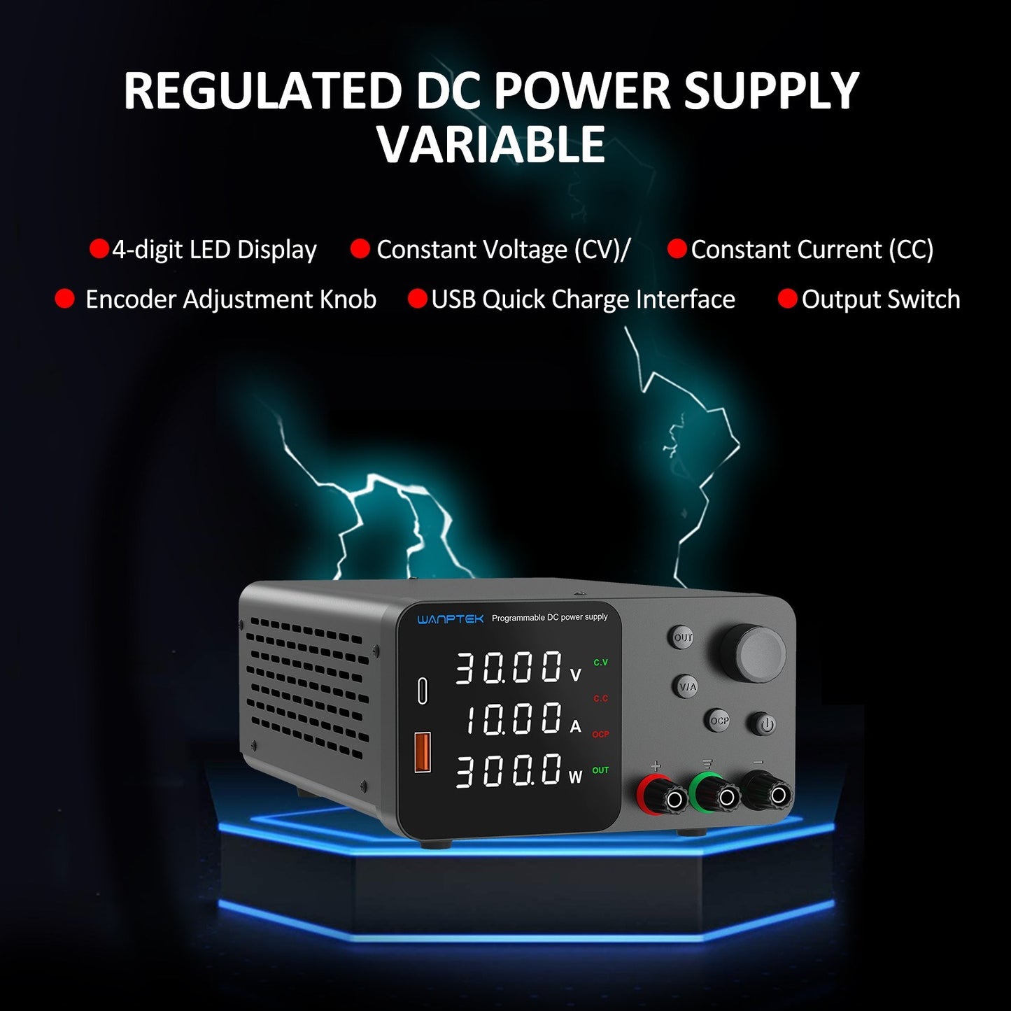 WANPTEK 120V 3A Variable DC Bench Power Supply with 4-Digit LED, Encoder Knob & Output Control