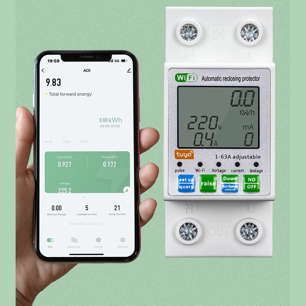 Tuya WiFi Smart Reclosing Protector with LCD Display and Multifunctional Power Meter - Current & Voltage Monitoring, App Control