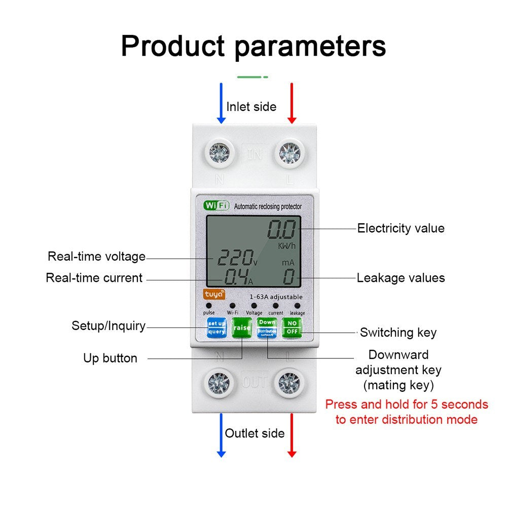 Tuya WiFi Smart Reclosing Protector with LCD Display and Multifunctional Power Meter - Current & Voltage Monitoring, App Control