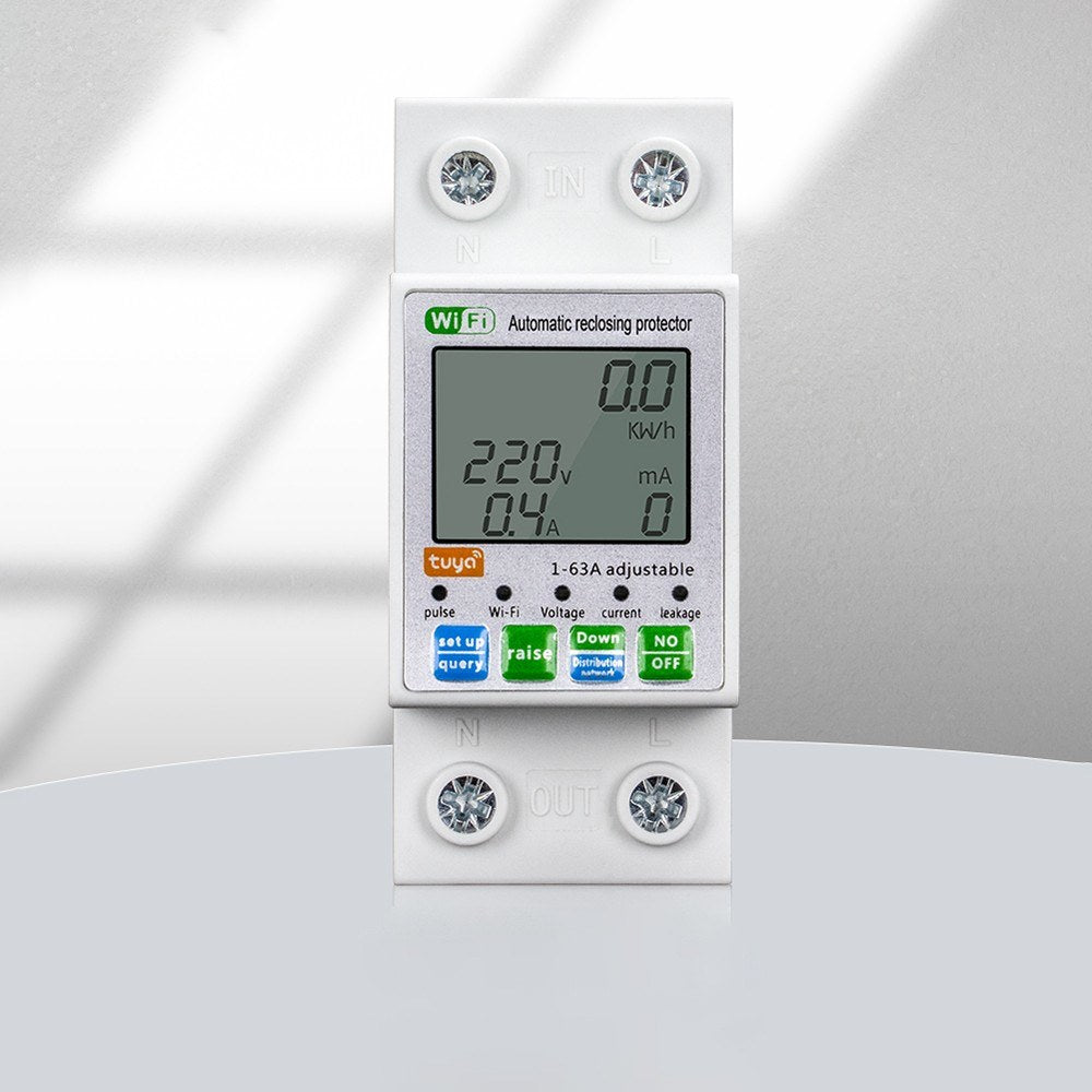 Tuya WiFi Smart Reclosing Protector with LCD Display and Multifunctional Power Meter - Current & Voltage Monitoring, App Control