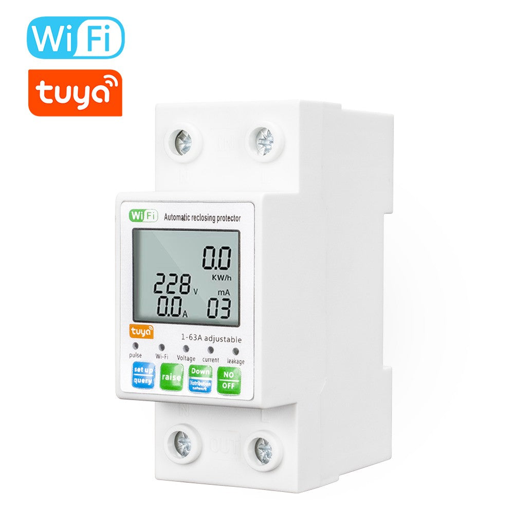 Tuya WiFi Smart Reclosing Protector with LCD Display and Multifunctional Power Meter - Current & Voltage Monitoring, App Control
