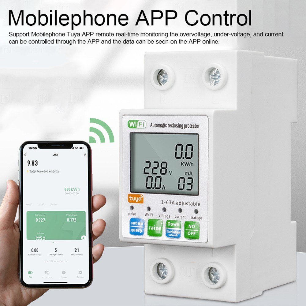 Tuya WiFi Smart Reclosing Protector with LCD Display and Multifunctional Power Meter - Current & Voltage Monitoring, App Control