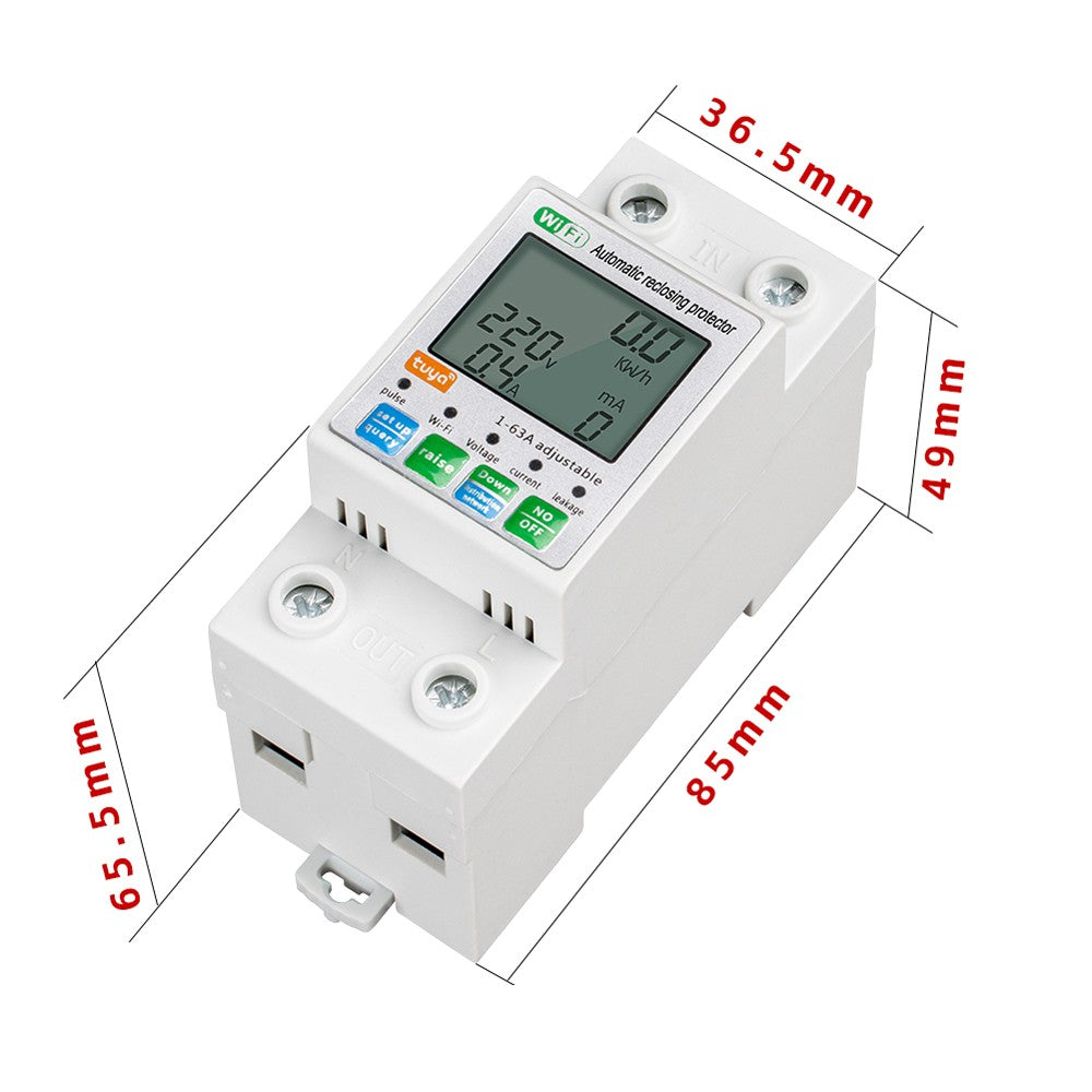 Tuya WiFi Smart Reclosing Protector with LCD Display and Multifunctional Power Meter - Current & Voltage Monitoring, App Control